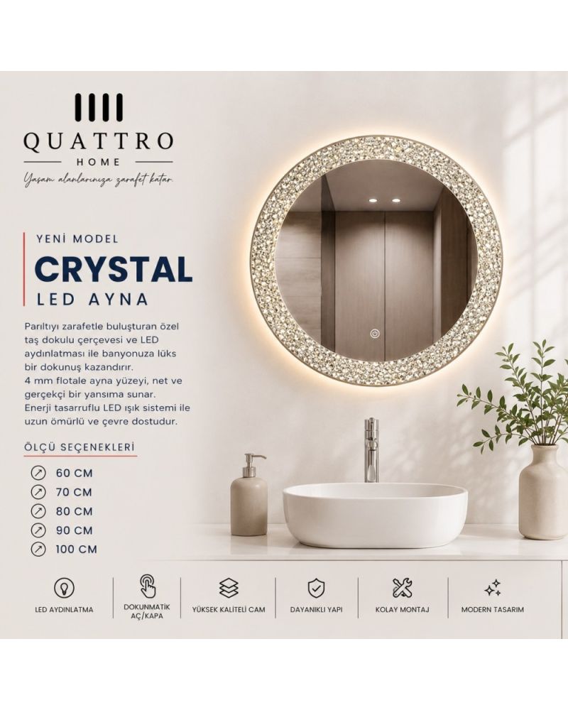 Crystal Yuvarlak LED Ayna Kristal Çerçeveli Dokunmatik Banyo Aynası
