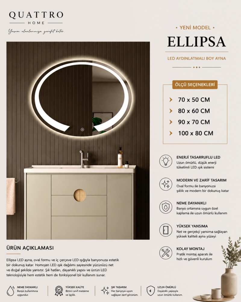 Ellipsa LED Aydınlatmalı Boy Ayna Oval Modern Tasarım