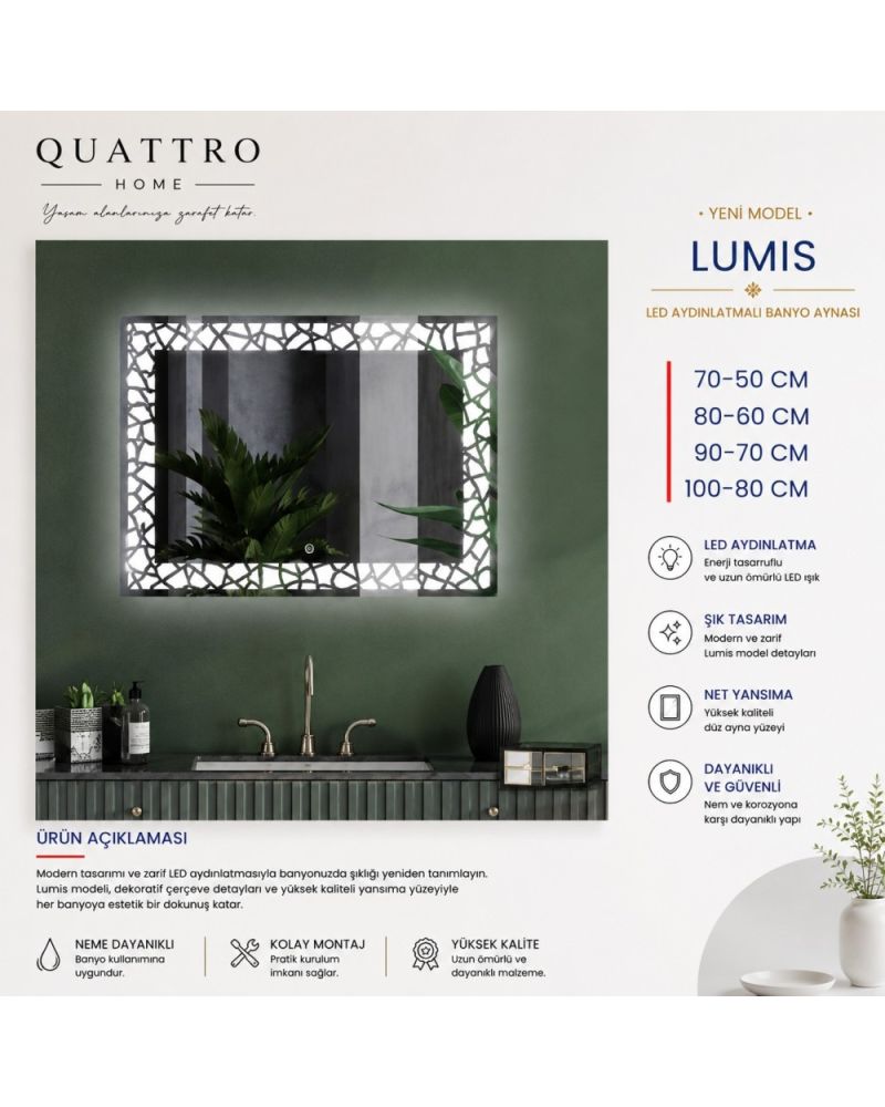 Lumis LED Aydınlatmalı Banyo Aynası | Dekoratif Çerçeveli Dikdörtgen LED Ayna