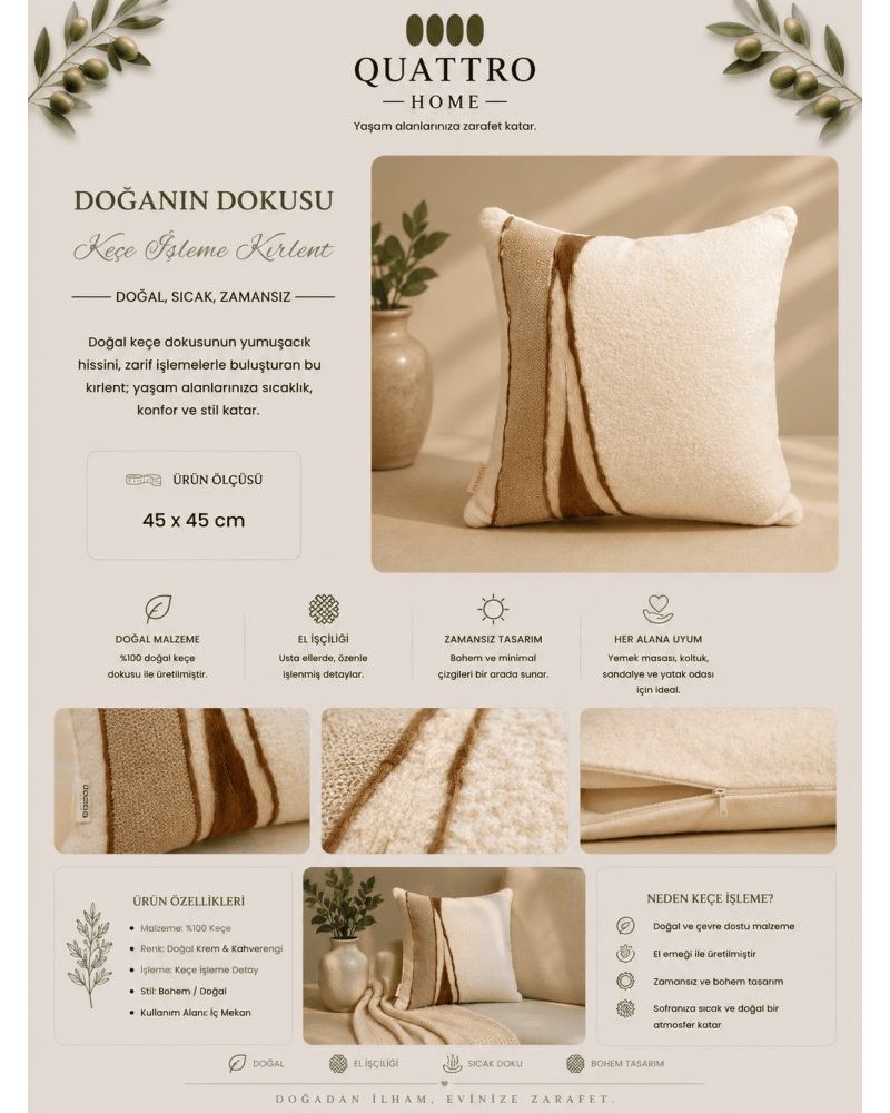 Keçe İşleme Teddy Kırlent Dekoratif Yastık Kılıfı