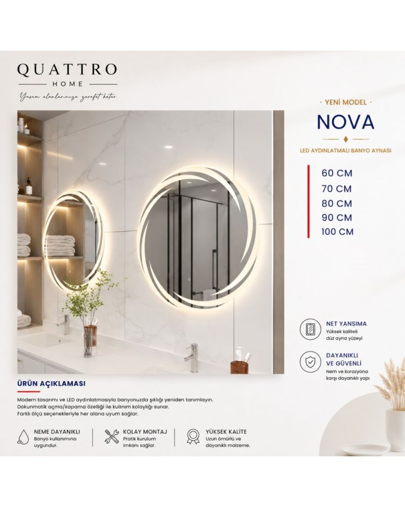 Nova LED Aydınlatmalı Banyo Aynası | Dokunmatik Yuvarlak LED Ayna