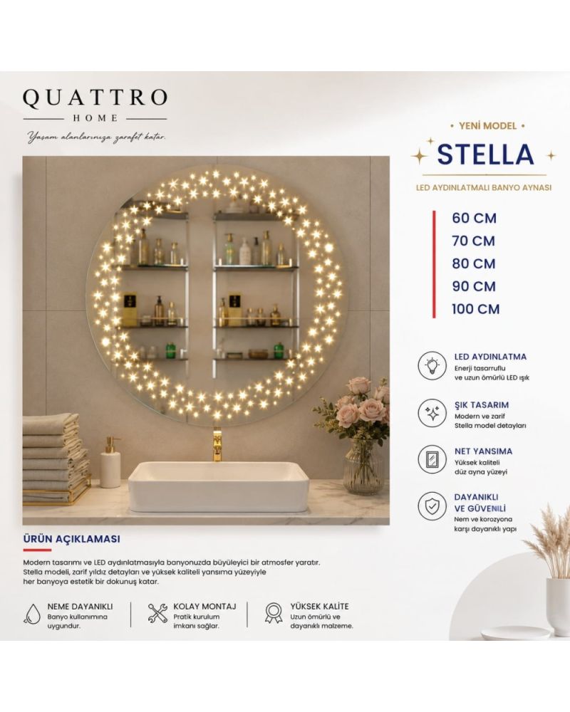 Stella LED Aydınlatmalı Banyo Aynası | Yıldız Detaylı Yuvarlak LED Ayna