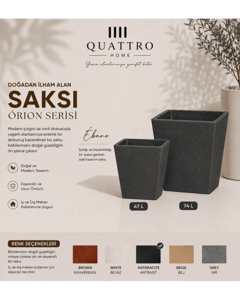 Quattro Home Orion Serisi Kare Saksı Modern İç ve Dış Mekan Saksı