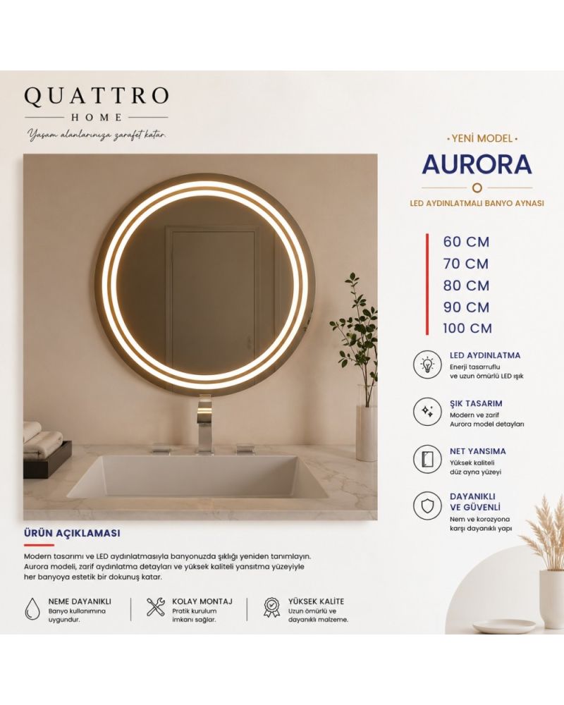 Aurora LED Aydınlatmalı Banyo Aynası | Çift Işıklı Yuvarlak LED Ayna