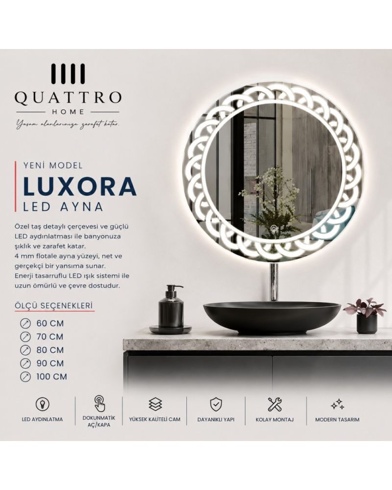 Luxora LED Ayna | Taş Detaylı Yuvarlak Işıklı Banyo Aynası