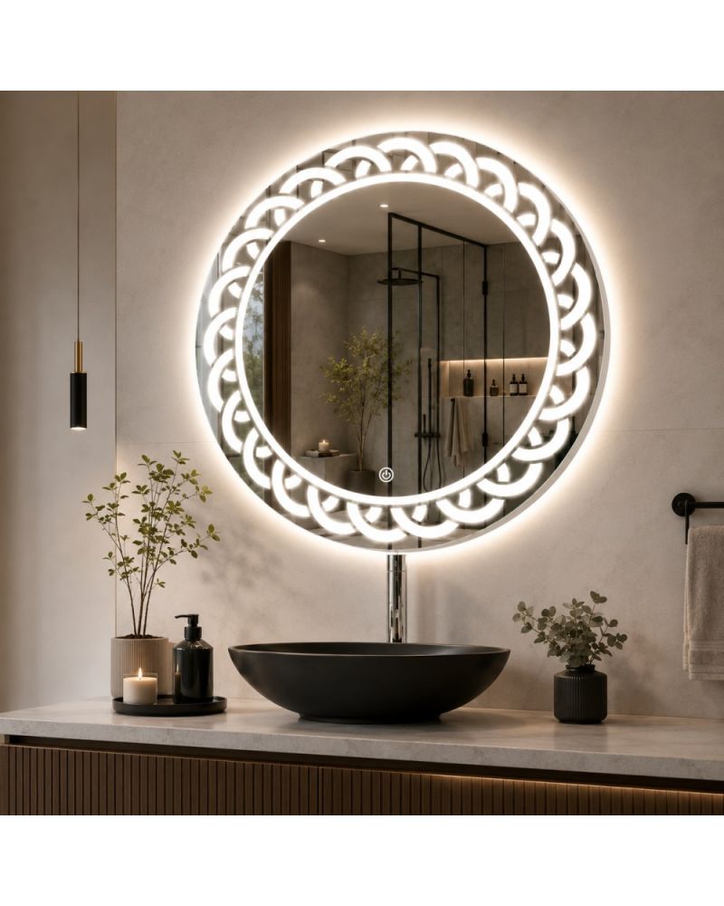 Luxora LED Ayna | Taş Detaylı Yuvarlak Işıklı Banyo Aynası