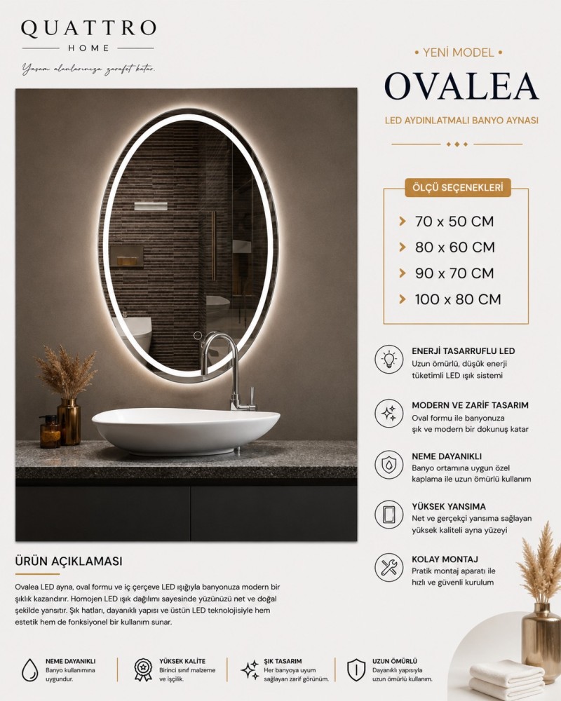 Ovalea LED Aydınlatmalı Banyo Aynası Quattro Home