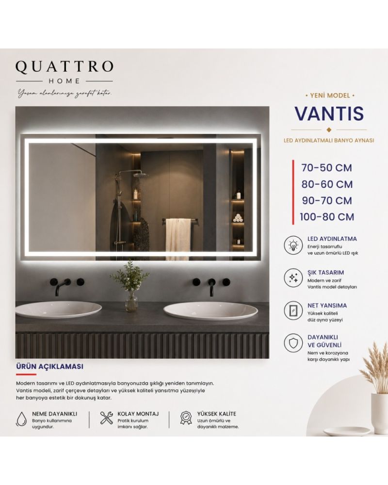Vantis LED Aydınlatmalı Banyo Aynası | Dikdörtgen Modern Banyo Aynası