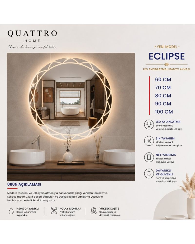 Eclipse Yuvarlak LED Banyo Aynası | Desenli Dekoratif Aydınlatmalı Ayna