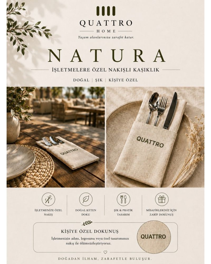 NATURA İşletme İsim Logo İşlemeli Kaşıklık Kişiye Özel Servis Kaşık Çatal Bıçak Kılıfı