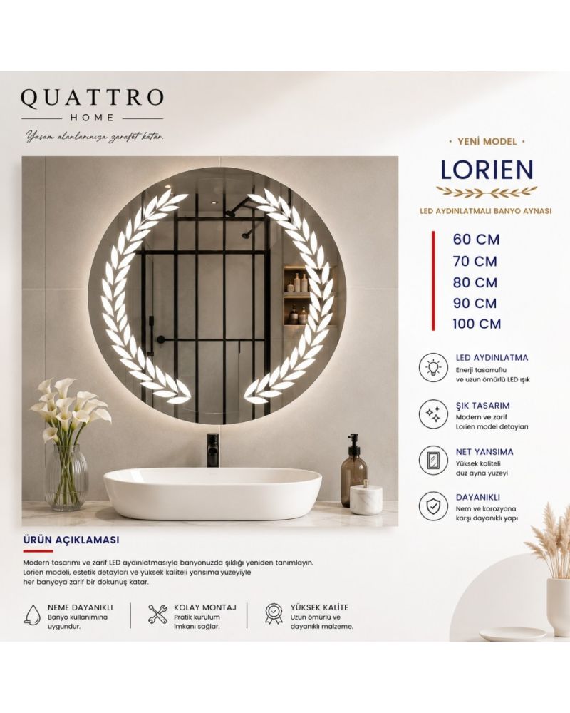 Lorien LED Aydınlatmalı Banyo Aynası | Yaprak Desenli Yuvarlak LED Ayna
