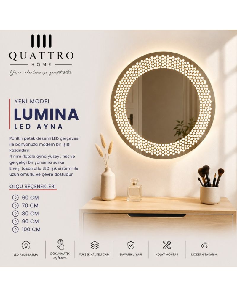 Lumina LED Ayna | Petek Desenli Yuvarlak Işıklı Ayna
