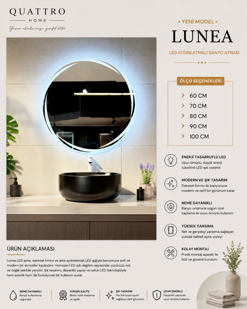 Lunea LED Aydınlatmalı Banyo Aynası Yuvarlak Modern Tasarım