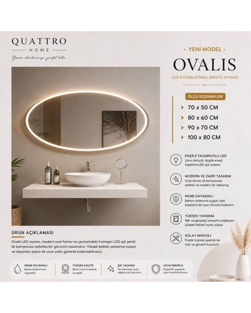 Ovalis LED Aydınlatmalı Oval Banyo Aynası