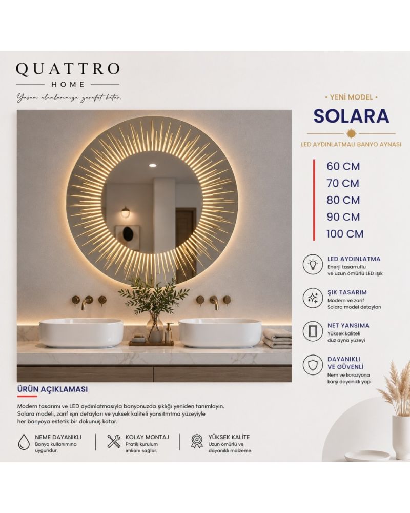 Solara LED Aydınlatmalı Banyo Aynası | Işın Detaylı Yuvarlak Ayna