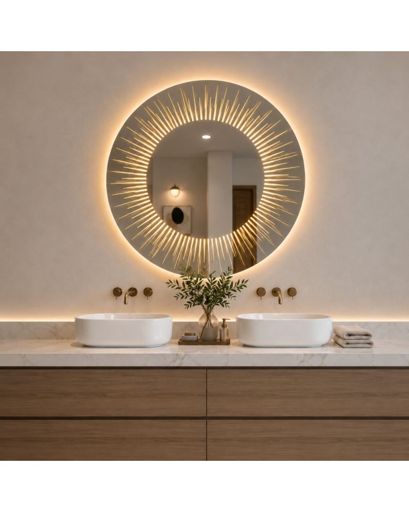Solara LED Aydınlatmalı Banyo Aynası | Işın Detaylı Yuvarlak Ayna
