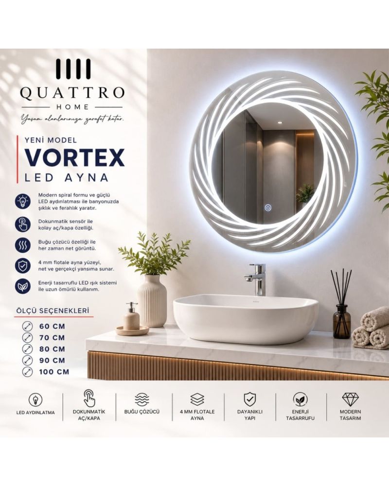 Quattro Home Vortex LED Ayna | Buğu Çözücülü Spiral Tasarım Yuvarlak Ayna