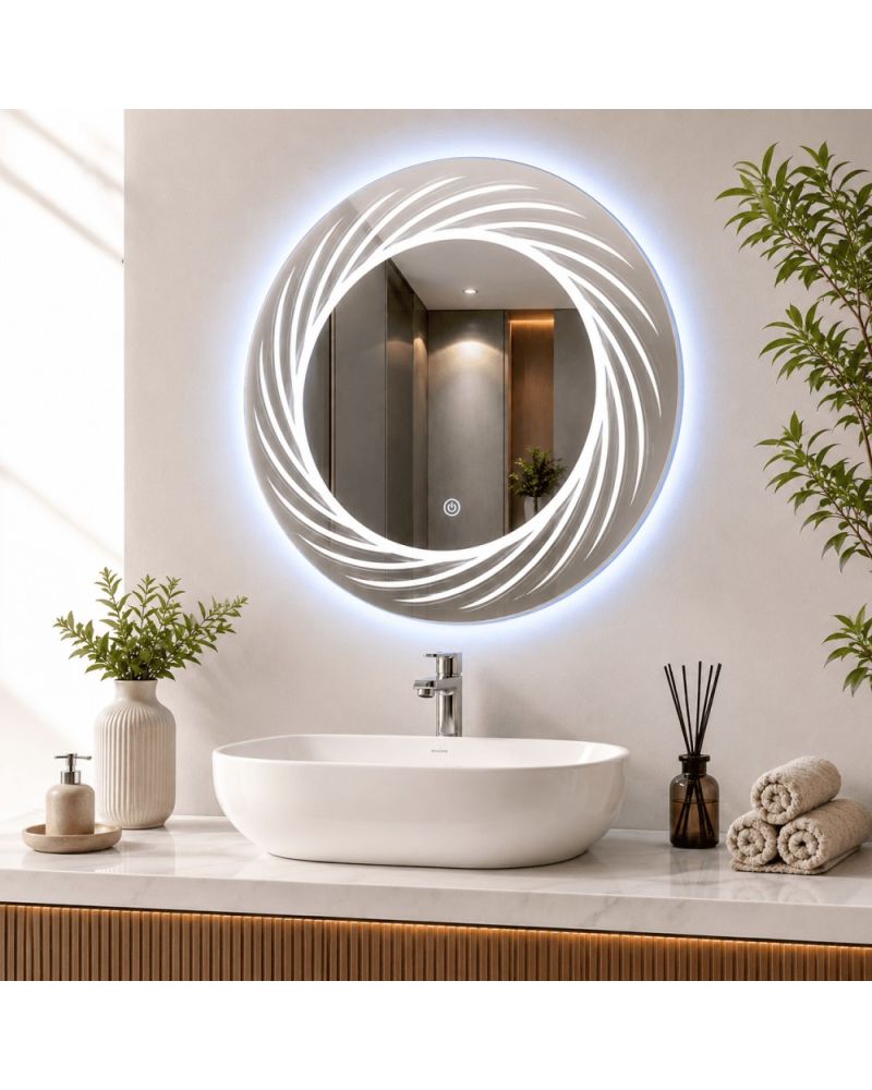 Quattro Home Vortex LED Ayna | Buğu Çözücülü Spiral Tasarım Yuvarlak Ayna