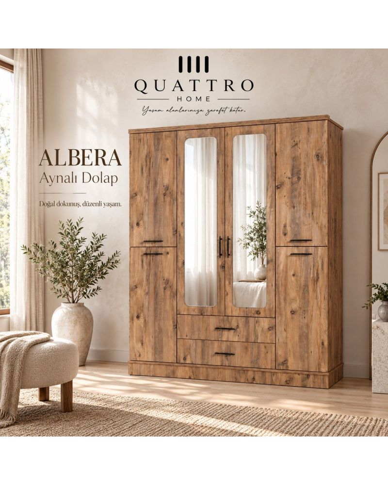 Albera 4 Kapaklı Aynalı 2 Çekmeceli Gardırop-Genişlik: 160 cm Derinlik: 52 cm Yükseklik: 200 cm