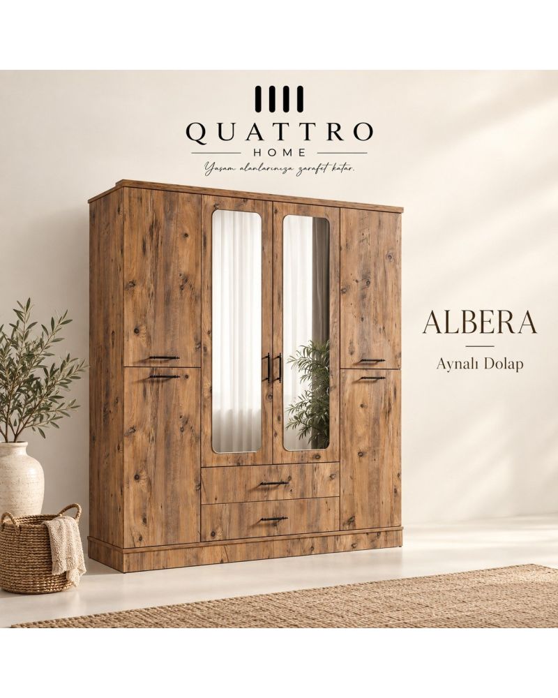 Albera 4 Kapaklı Aynalı 2 Çekmeceli Gardırop-Genişlik: 160 cm Derinlik: 52 cm Yükseklik: 200 cm