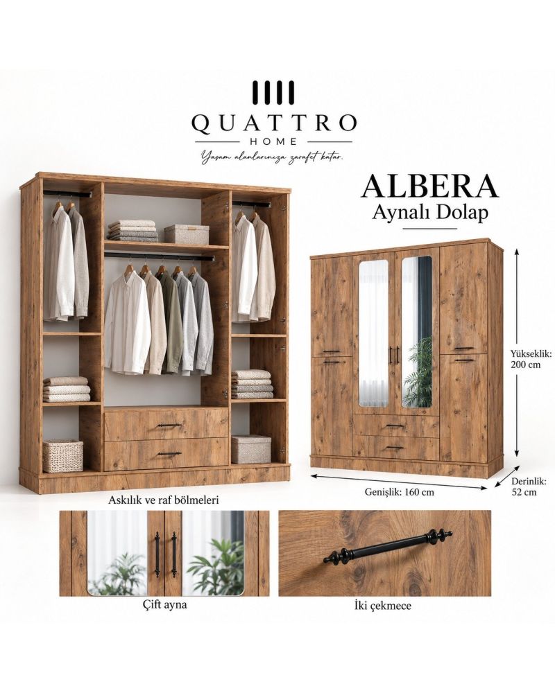 Albera 4 Kapaklı Aynalı 2 Çekmeceli Gardırop-Genişlik: 160 cm Derinlik: 52 cm Yükseklik: 200 cm