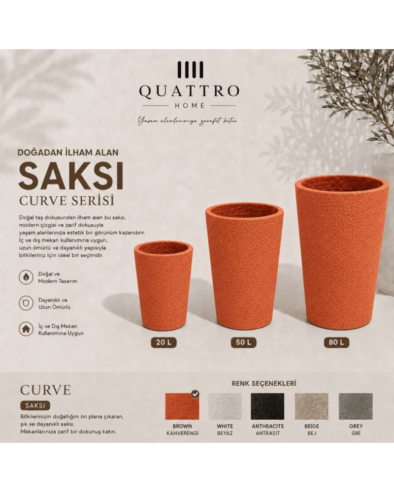 Quattro Home Curve Serisi Saksı Doğal Taş Dokulu İç ve Dış Mekan Saksı