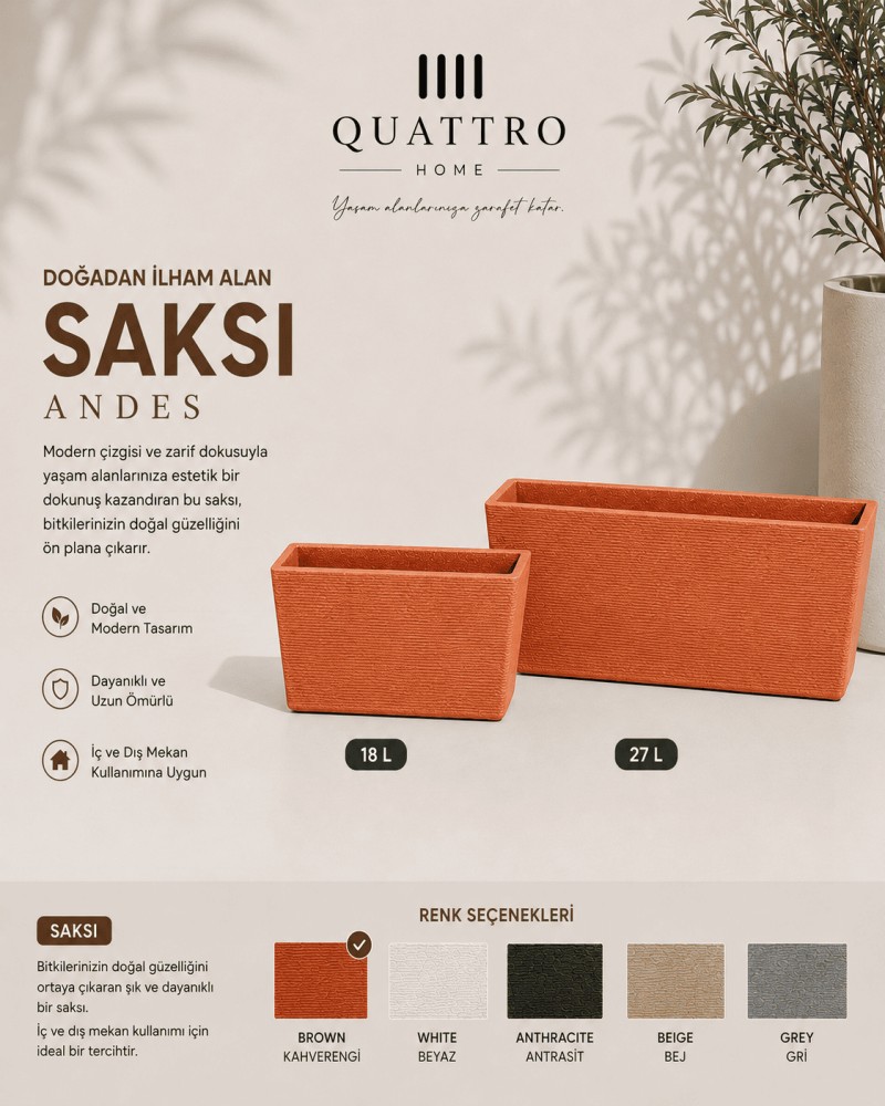 Quattro Home Andes Serisi Dikdörtgen Saksı İç ve Dış Mekan Saksı