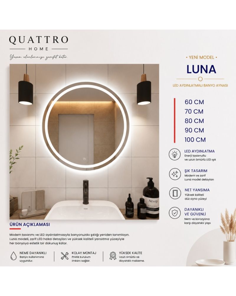 Luna LED Aydınlatmalı Yuvarlak Banyo Aynası Neme Dayanıklı Modern Dekoratif Ayna