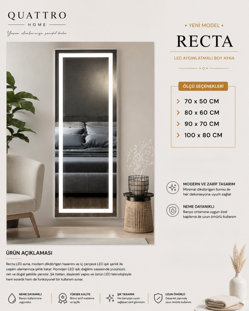 Recta LED Aydınlatmalı Boy Aynası Neme Dayanıklı Modern Dikdörtgen Ayna