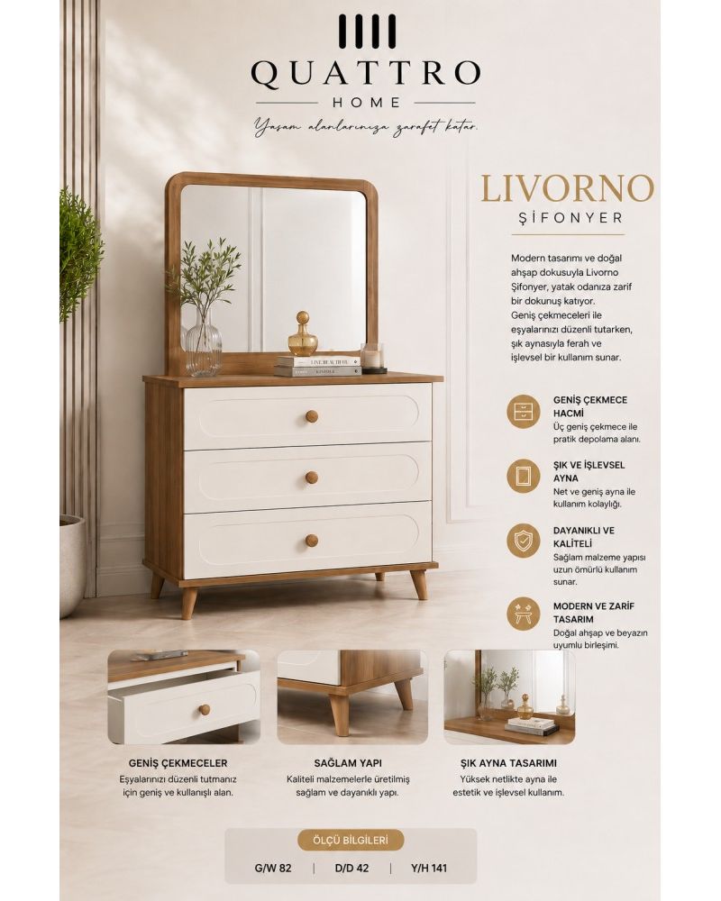 Quattro Home Livorno Aynalı Şifonyer – 3 Çekmeceli Modern Ahşap Beyaz Şifonyer