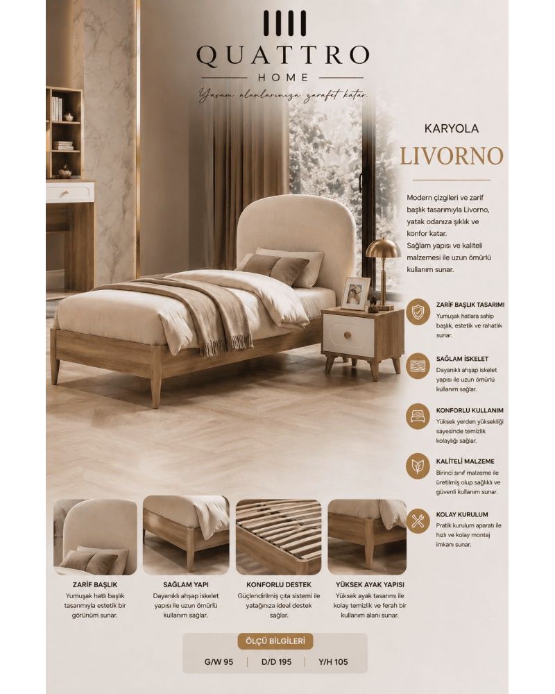 Quattro Home Livorno Karyola – Zarif Başlıklı Modern Ahşap Tek Kişilik Karyola