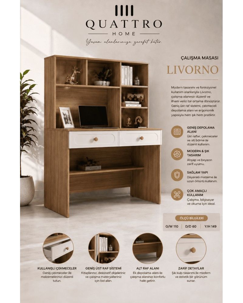 Quattro Home Livorno Çalışma Masası – Raflı ve Çekmeceli Modern Ahşap Çalışma Masası