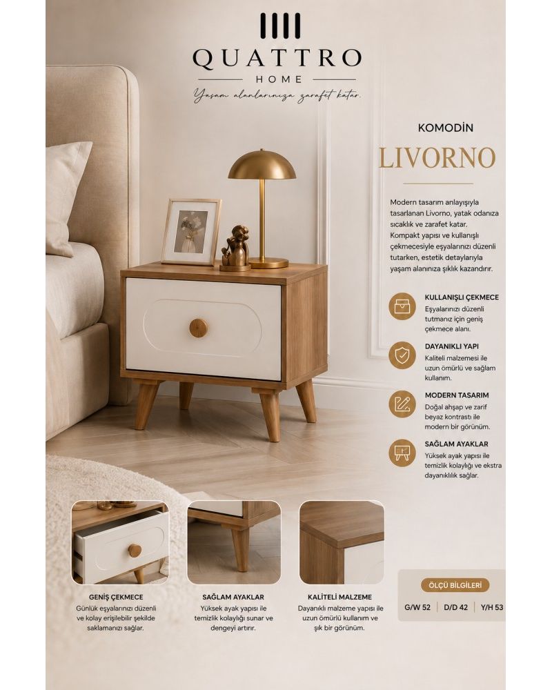 Quattro Home Livorno Komodin – Modern Ahşap Beyaz Çekmeceli Yatak Odası Komodini