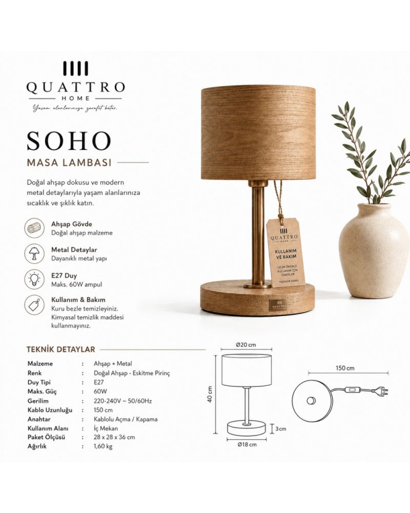 Soho Abajur – Doğal Meşe Ahşap Kaplama