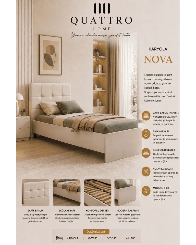 Quattro Home Nova Karyola Modern Başlıklı Tek Kişilik Karyola
