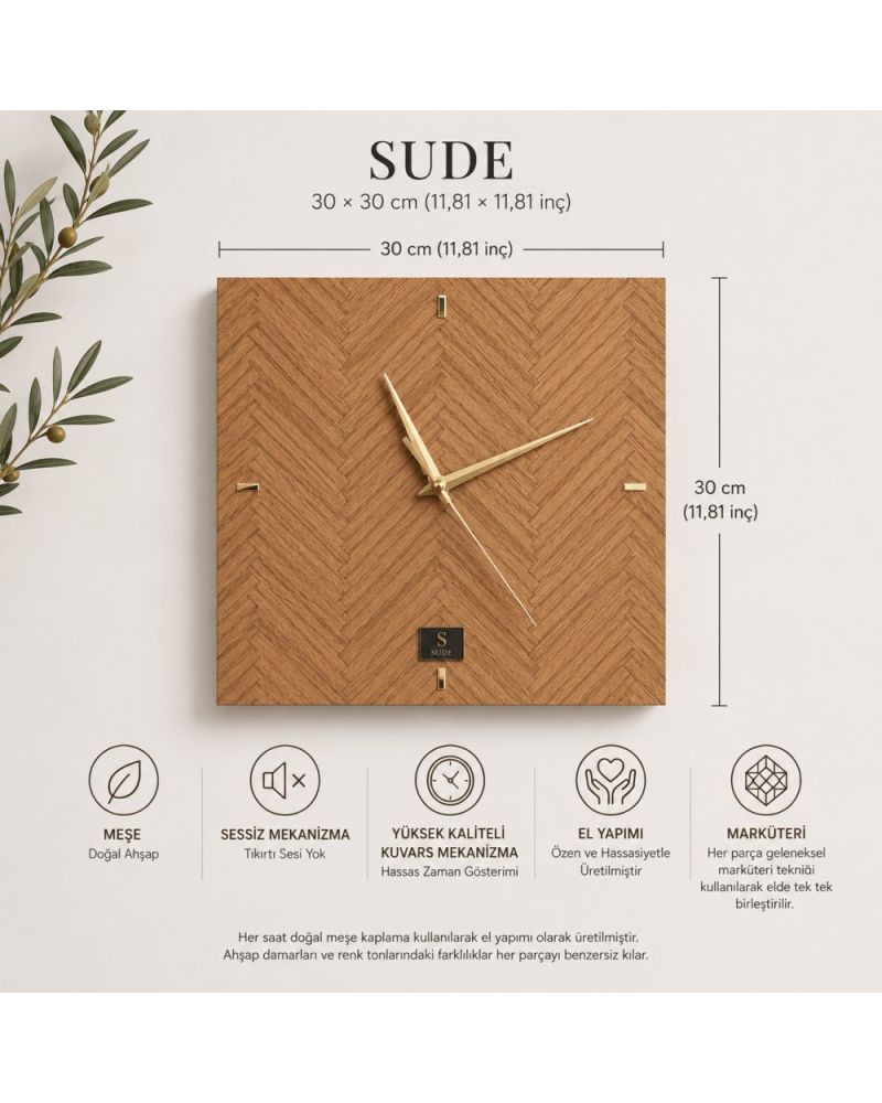 Sude Collection – Doğal Meşe Ahşap Kaplama Duvar Saati