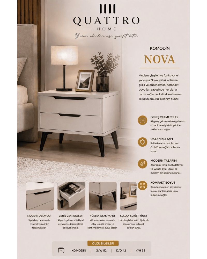 Quattro Home Nova Komodin Modern 2 Çekmeceli Yatak Odası Komodini