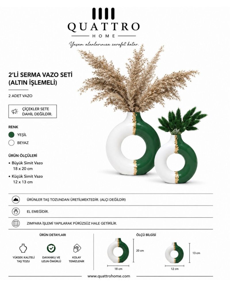 Serma 2’li Altın İşlemeli Vazo Seti