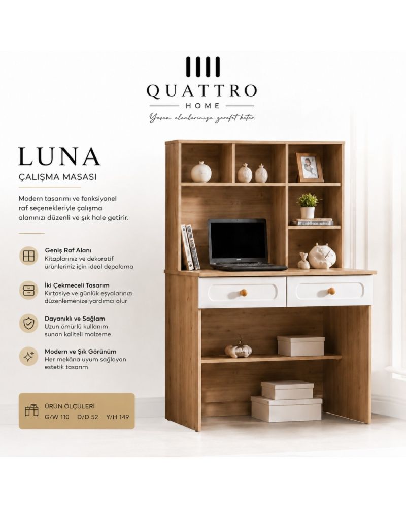 Quattro Home Luna Çalışma Masası  Raflı ve 2 Çekmeceli Modern Çalışma Masası