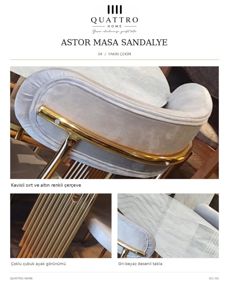 Astor Masa Sandalye Takımı – Mermer Desenli Gold Metal Ayaklı 6 Sandalyeli Yemek Takımı