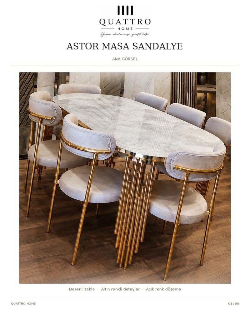 Astor Masa Sandalye Takımı – Mermer Desenli Gold Metal Ayaklı 6 Sandalyeli Yemek Takımı