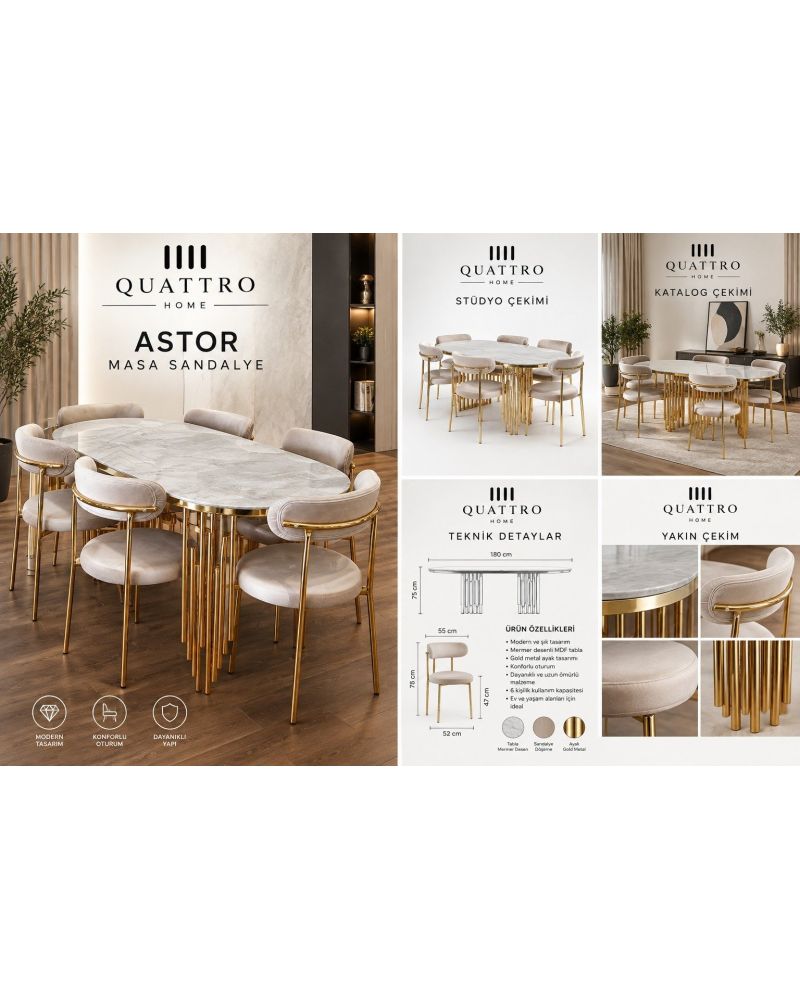 Astor Masa Sandalye Takımı – Mermer Desenli Gold Metal Ayaklı 6 Sandalyeli Yemek Takımı