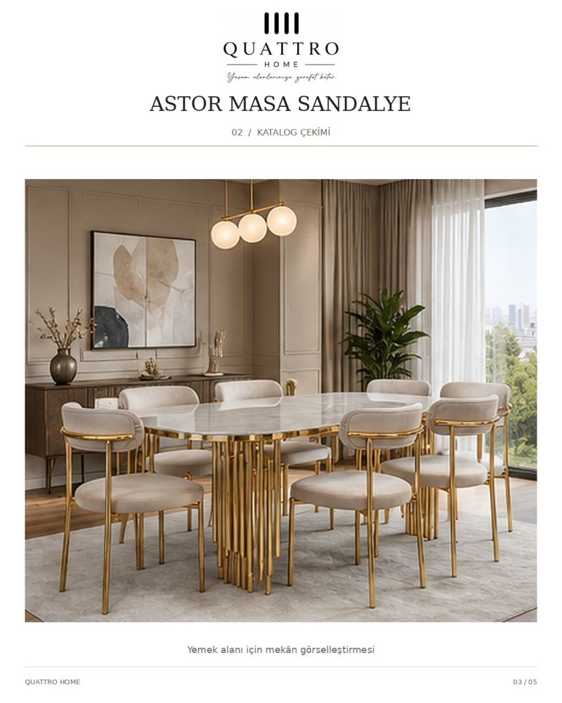 Astor Masa Sandalye Takımı – Mermer Desenli Gold Metal Ayaklı 6 Sandalyeli Yemek Takımı