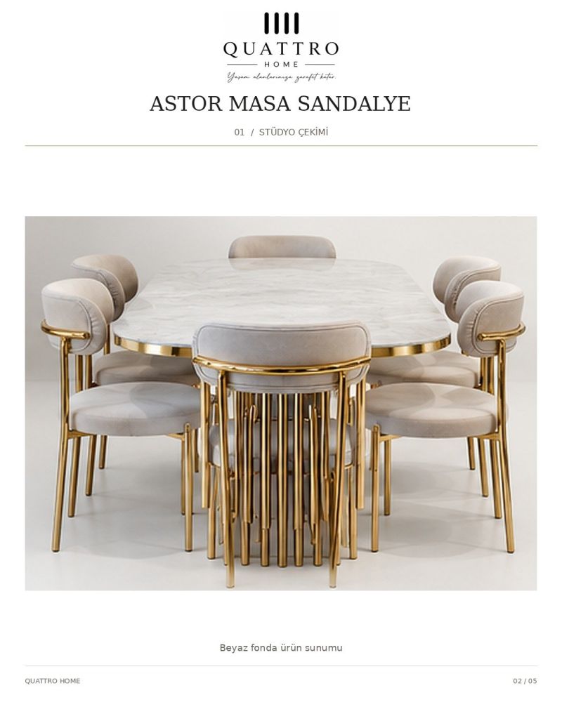 Astor Masa Sandalye Takımı – Mermer Desenli Gold Metal Ayaklı 6 Sandalyeli Yemek Takımı