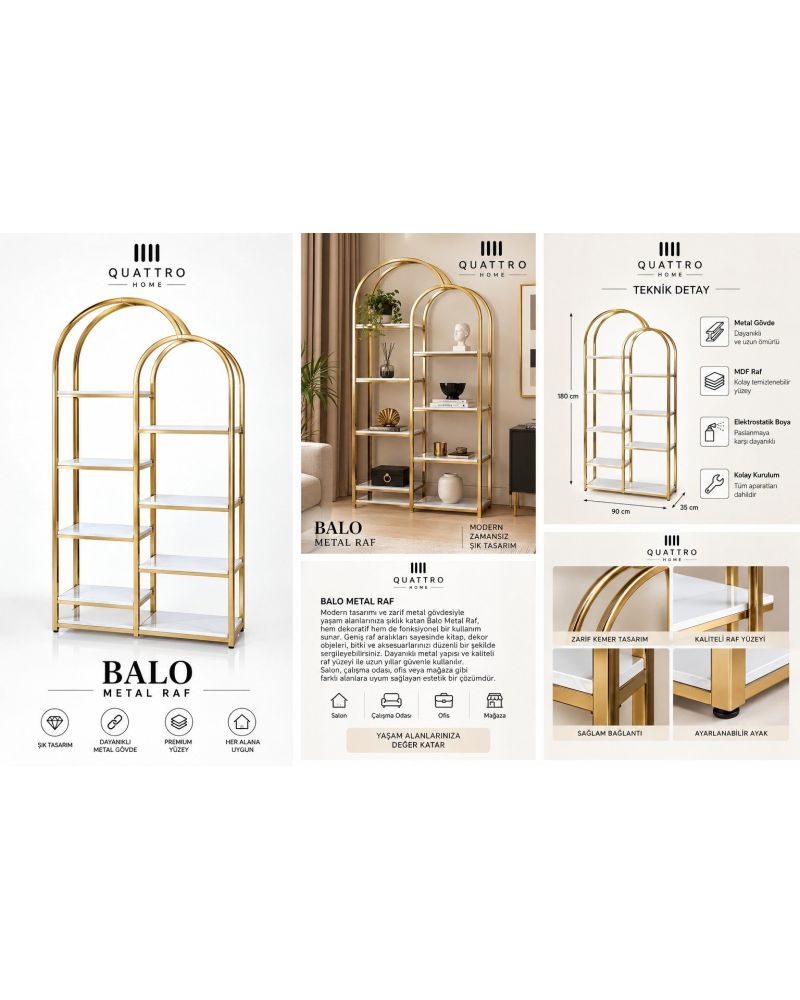 Balo Metal Raf – Gold Metal Gövdeli Kemer Tasarımlı Dekoratif Kitaplık