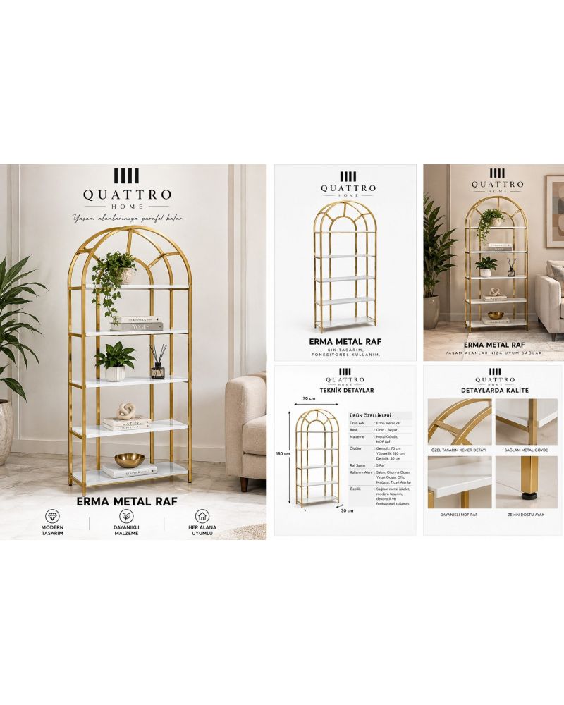 Erma Metal Raf – Gold Metal Gövdeli 5 Raflı Dekoratif Kitaplık