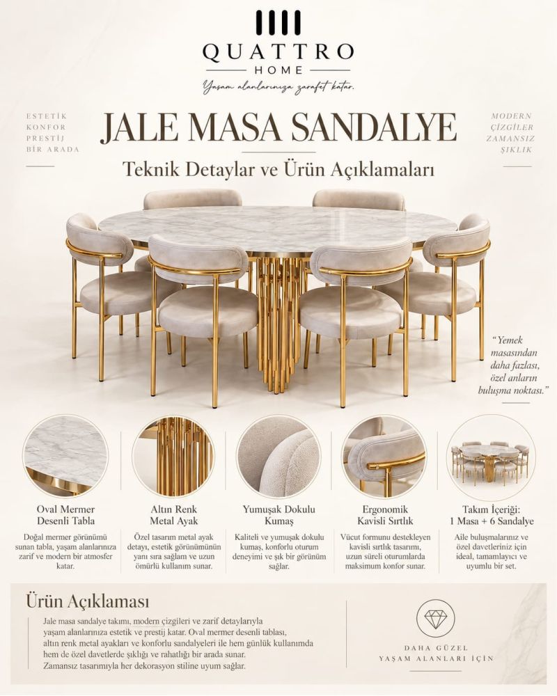 Jale Masa Sandalye Takımı – Mermer Desenli Gold Metal Ayaklı 6 Sandalyeli Yemek Takımı