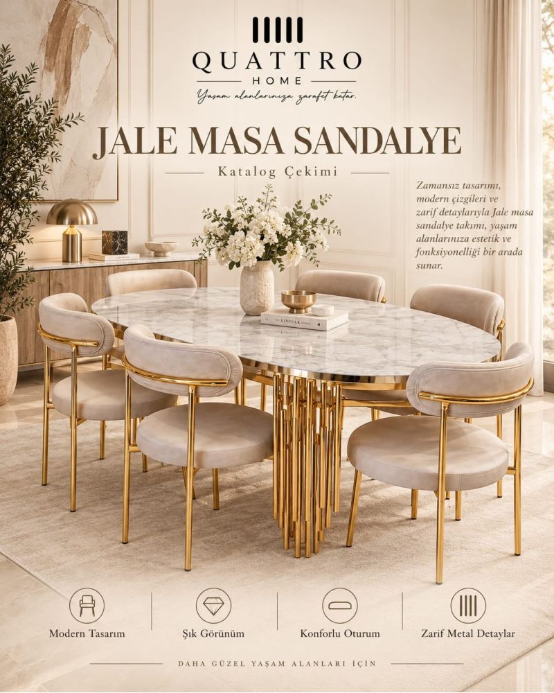 Jale Masa Sandalye Takımı – Mermer Desenli Gold Metal Ayaklı 6 Sandalyeli Yemek Takımı