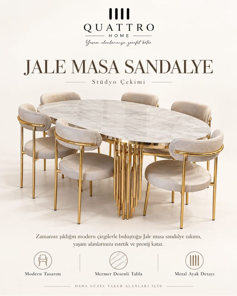 Jale Masa Sandalye Takımı – Mermer Desenli Gold Metal Ayaklı 6 Sandalyeli Yemek Takımı