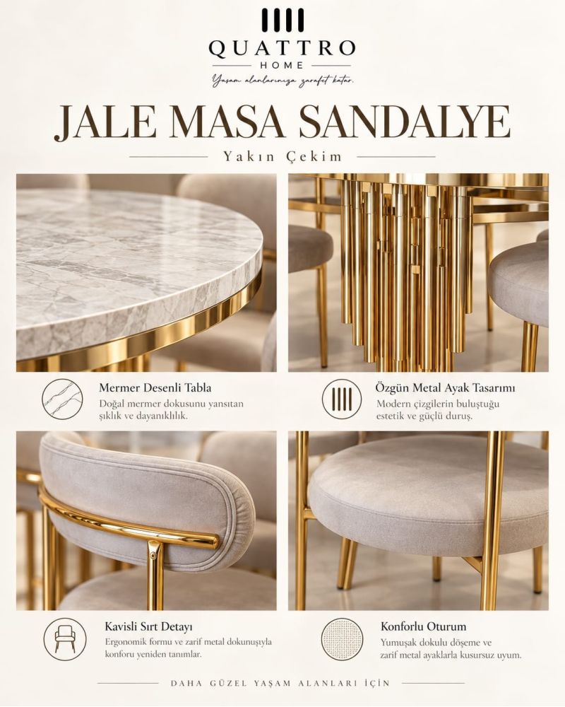 Jale Masa Sandalye Takımı – Mermer Desenli Gold Metal Ayaklı 6 Sandalyeli Yemek Takımı
